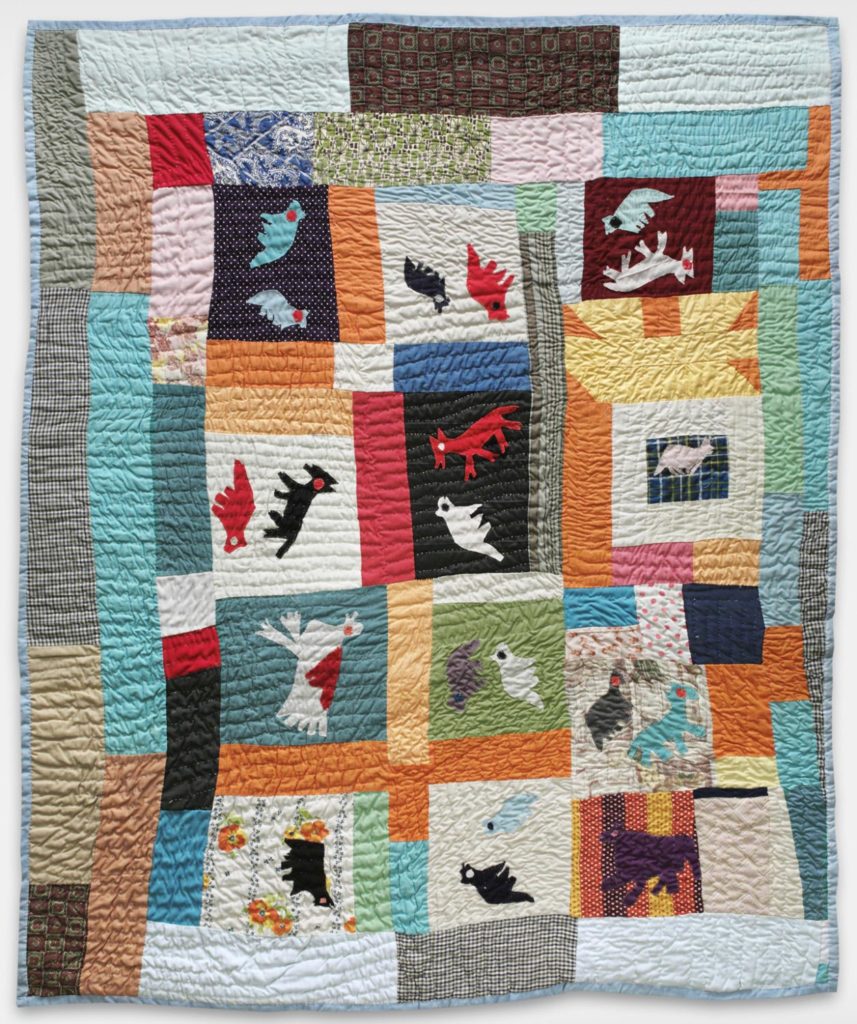 Image of a quilt, animal silhouettes and brightly colored blocks and rectangles.