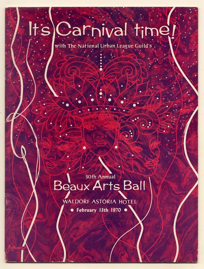 Cover image in purple and dark pink of the 1970 National Urban League's Beaux Art Ball.