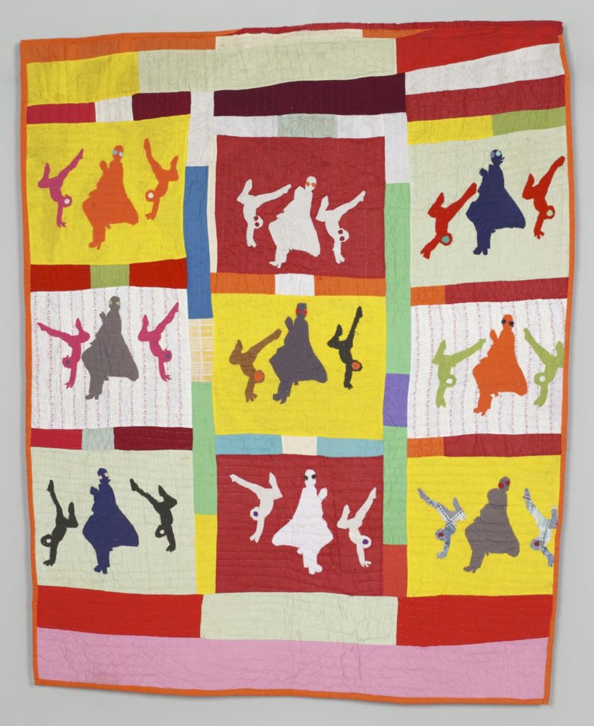 Image of a quilt, shadow images of children exercising against brightly colored blocks of fabric.