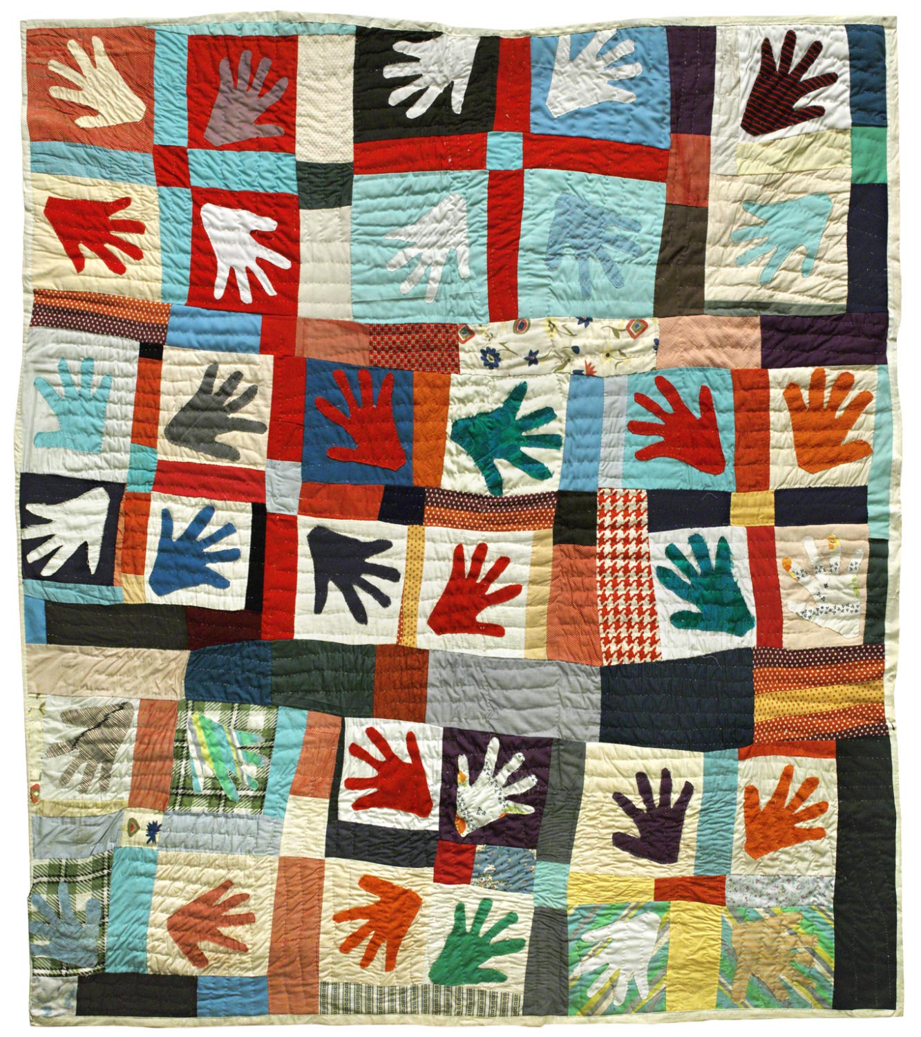 Image of a quilt with hand silohuettes in bright colors.