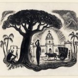 An ink sketch featuring a woman carrying a jar under her head, underneath a shade tree with a church in the foreground.