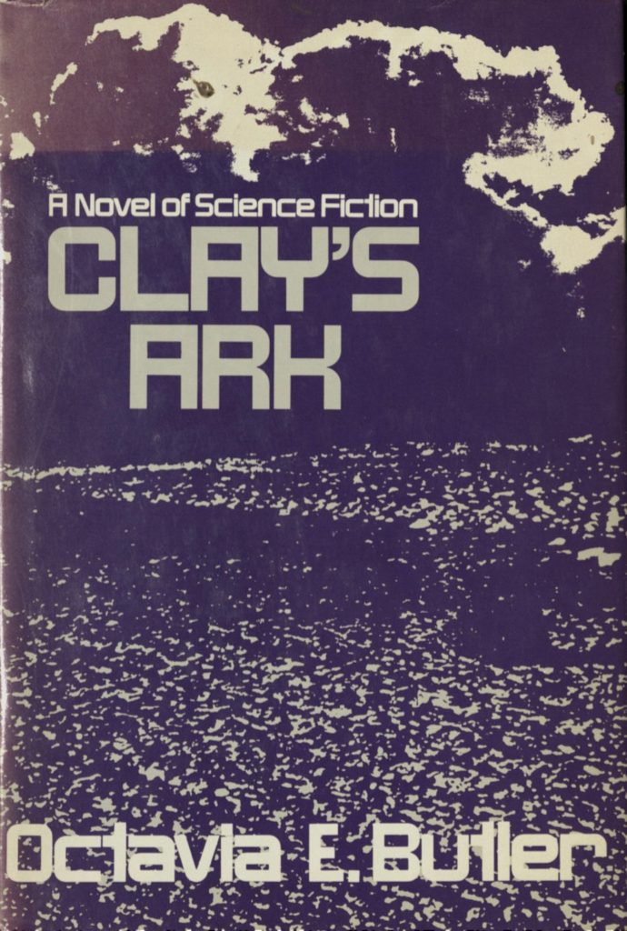 Covert art white design on purple background for "Clay's Ark."