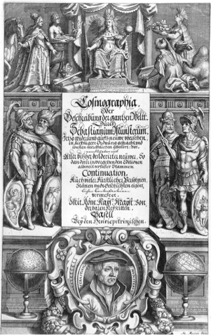 Frontispiece for a 1628 edition of Cosmographia