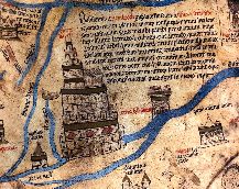 A drawing of the Tower of Babel, as featured on the Hereford Mappa Mundi. It is drawn with thin black lines and has gold and red accents. The tower is formed by 5 successively smaller tiers. There is writing describing the tower next to it.