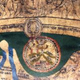 Detail of the Garden of Eden from the Hereford Mappa Mundi. The garden is draw in a circle with decorative black lines and is separated into several sections with gold colored ink. It is ringed in red and surrounded by green ink. Adam and Eve stand next to the tree of knowledge.