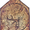 Full image of the Hereford Mappa Mundi, a map in the round painted on vellum from the 13th/14th century. This map presents biblical, mythological, and geographical information to show the image of Europe, Africa, and Asia from the medieval mindset.