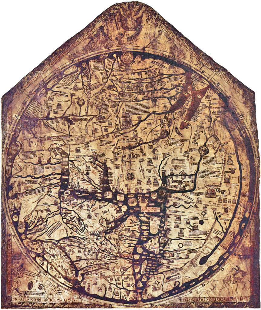 Full image of the Hereford Mappa Mundi, a map in the round painted on vellum from the 13th/14th century. This map presents biblical, mythological, and geographical information to show the image of Europe, Africa, and Asia from the medieval mindset.