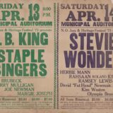 Poster for an April 13 evening concert, featuring headliners B.B. King and the Staple Singers, during Jazz Fest 1973; and for an April 14 evening concert, featuring headliner Stevie Wonder, during Jazz Fest 1973; Hogan Archive Poster File, Tulane University Special Collections.