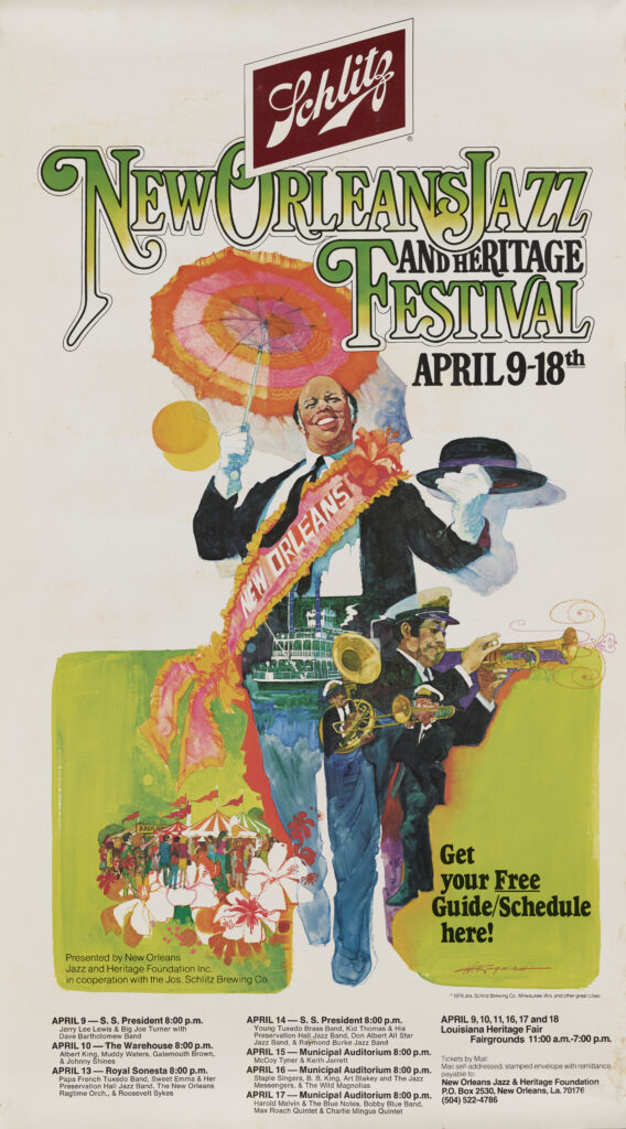 1976 Jazz Fest poster, version 1, Hogan Archive Poster File, Tulane University Special Collections. According to the book The New Orleans Jazz & Heritage Festival, the April 9 evening concerts on the S.S. President featured Allen Toussaint, Professor Longhair, and Clarence “Gatemouth” Brown. This poster advertises Jerry Lee Lewis and Big Joe Turner with the Dave Bartholomew Band on that date, suggesting a lineup change and poster revision.