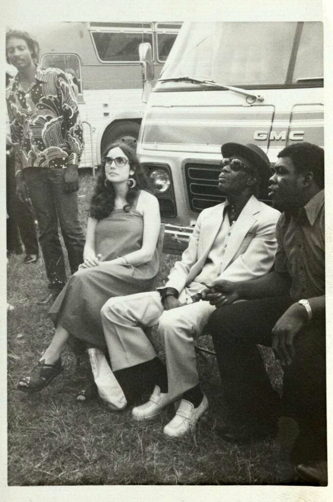 Photo of l. to r.: unidentified man, Allison Miner, Professor Longhair, unidentified man, circa 1970s, location and photographer unidentified, Allison Miner papers HJA-039, “Photos” box, Tulane University Special Collections.