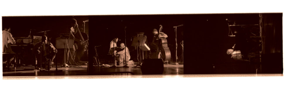 Negative strip of (left and center images) the Jazz Fest night concert with Yusef Lateef (seated), saxophone; Kenny Barron, piano; and Bob Cunningham, bass; and (image at right) Earl “Fatha” Hines, piano; Saturday, April 20, 1974, Municipal Auditorium, photographer unidentified, Tad Jones collection HJA-056, Box 28, Tulane University Special Collections.