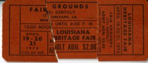 Ticket stub for one weekend of the 1974 Jazz Fest, Mina Lea Crais collection HJA-060, 117.083b, Tulane University Special Collections.