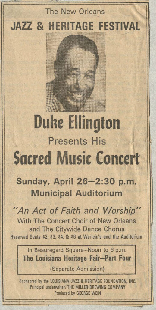 Ad clipping for Duke Ellington’s Sacred Music Concert, presented as an evening show on April 26 during Jazz Fest 1970; April 25, 1970, 'New Orleans-States Item,' Hogan Archive vertical file, Tulane University Special Collections.