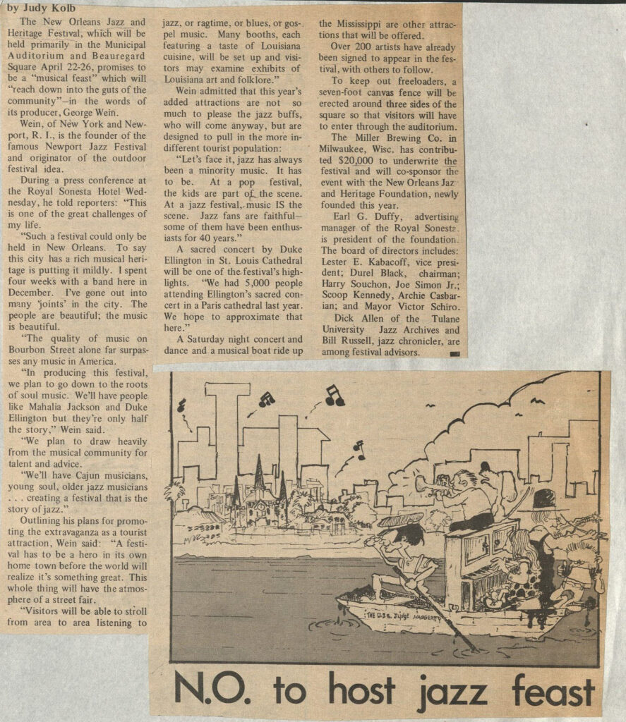 “N.O. to Host Jazz Feast” article written by Judy Kolb, February 20, 1970, in advance of the inaugural New Orleans Jazz & Heritage Festival, 'Vieux Carré Courier,' Hogan Archive vertical file, Tulane University Special Collections.