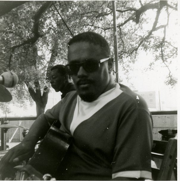Guitarist Snooks Eaglin and drummer Edward "Shiba" Kimbrough perform as part of Professor Longhair's band at the 1971 Jazz Fest, photographer unidentified; Allison Miner papers HJA-039, “Photos” box, Tulane University Special Collections.