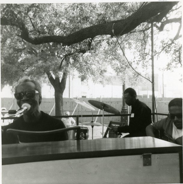 Professor Longhair on piano, Snooks Eaglin on guitar, and an unidentified drummer perform at the 1971 Jazz Fest, photographer unidentified; Allison Miner papers HJA-039, “Photos” box, Tulane University Special Collections.
