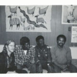 Photo of l. to. r.: Quint Davis, Alfred “Uganda” Roberts,” Professor Longhair, unidentified man, circa 1970s, location and photographer unidentified, Allison Miner papers HJA-039, “Photos” box, Tulane University Special Collections.