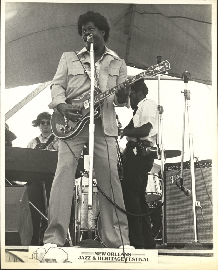 Earl King performs at Jazz Fest, 1975, photographer: Jim Scheurich, Tad Jones collection HJA-056, Box 14, Tulane University Special Collections.