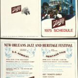 Pocket brochure with the 1975 Jazz Fest schedule, including night concerts, Hogan Archive vertical file, Tulane University Special Collections.