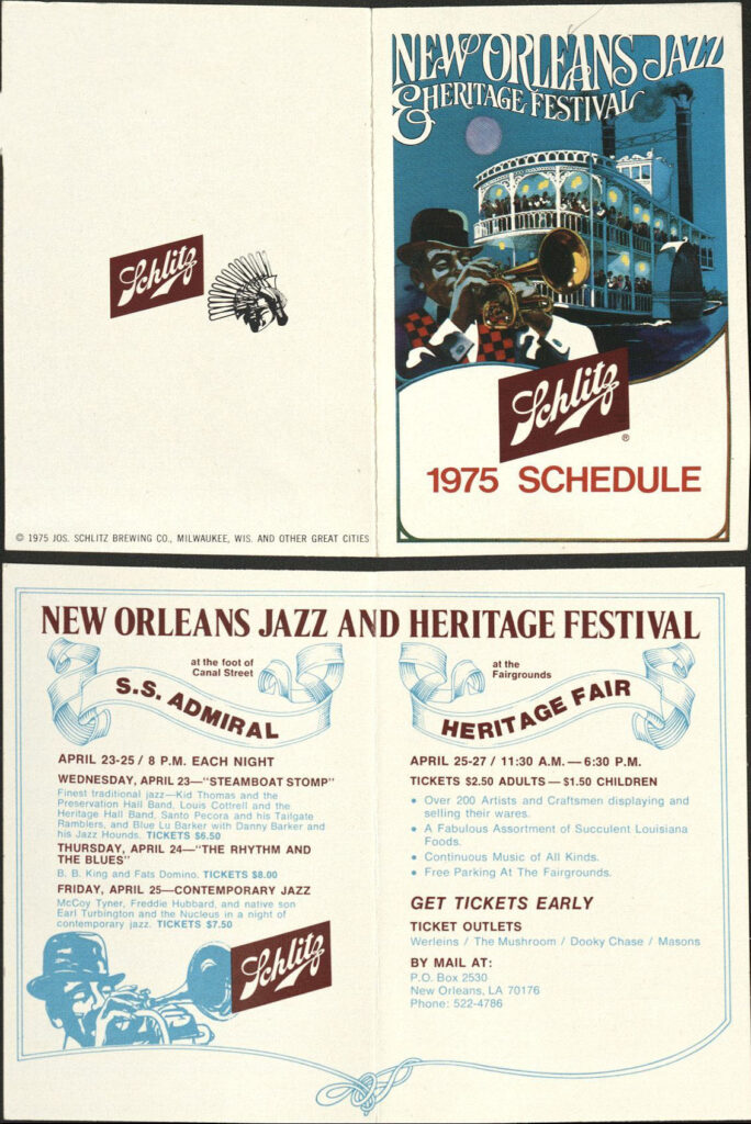 Pocket brochure with the 1975 Jazz Fest schedule, including night concerts, Hogan Archive vertical file, Tulane University Special Collections.