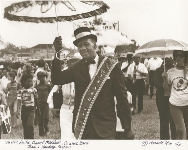 Grand Marshall Walter Lewis marches with the Onward Brass Band at Jazz Fest, 1976, photographer: Harriet Blum, Hogan Archive Photography Collection, PH003075, Tulane University Special Collections.
