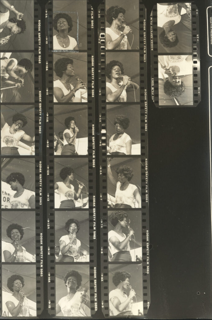 Proof sheet of Irma Thomas, known as the “Soul Queen of New Orleans,” at Jazz Fest, undated circa 1970s, unidentified photographer, Tad Jones collection HJA-056, Box 14, Tulane University Special Collections.