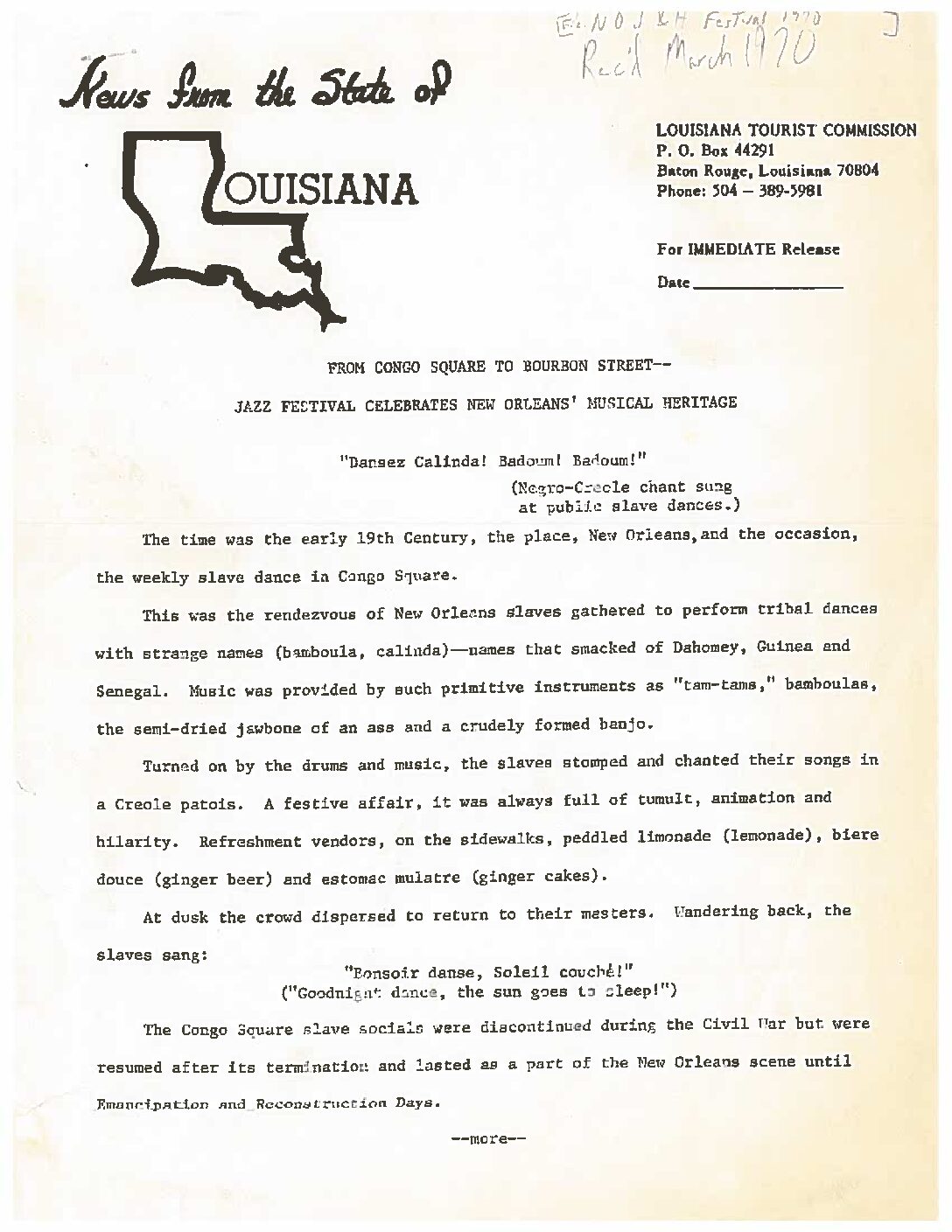 Page 1 of the Louisiana Tourist Commission press release about the inaugural New Orleans Jazz & Heritage Festival, produced by George Wein, March 1970, Hogan Archive vertical file, Tulane University Special Collections.