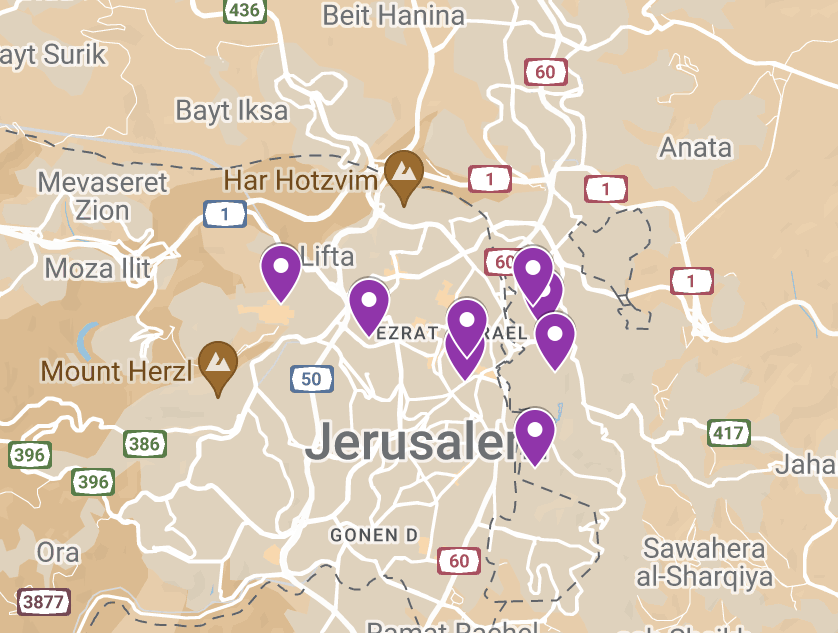 Screen shot of map of Israel with markers where research was conducted