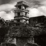 Black and white photograph of a stone temple