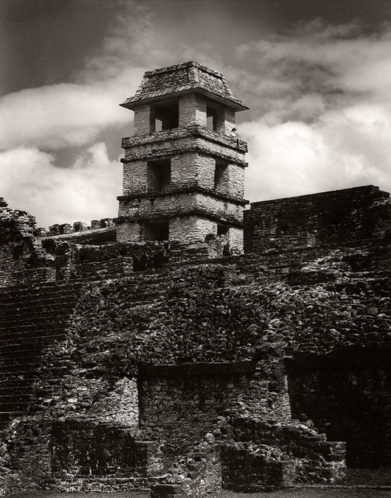 Black and white photograph of a stone temple