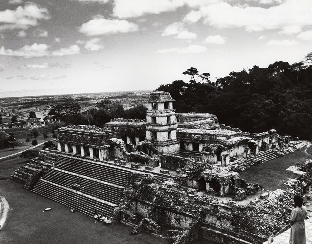 Black and white photograph of a stone temple complex