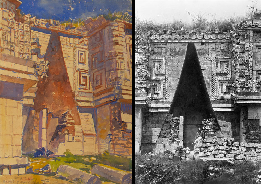 On left, watercolor painting of a carved stone building with a deep triangular inset entrance; on right, a photograph of the same building.