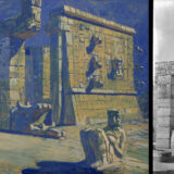 On left, watercolor painting of the entrance of a stone building with carved figures on the ground and wall; on right, a photograph of the same structure.
