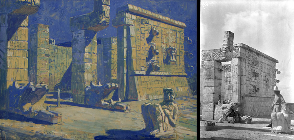 On left, watercolor painting of the entrance of a stone building with carved figures on the ground and wall; on right, a photograph of the same structure.