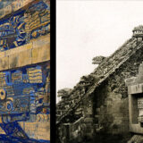 On left, a watercolor painting of carved stone animal heads framing the staircase of a temple structure; on right, a photograph of the same building.