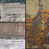 On left, photograph of two people standing against a stone wall with geometric panels above an empty courtyard. On right, a painting of two people among similar geometrically-decorated walls.