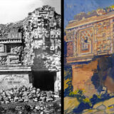 On left, the facade of a stone building with geometric carvings; on right, a watercolor painting of a similar building.