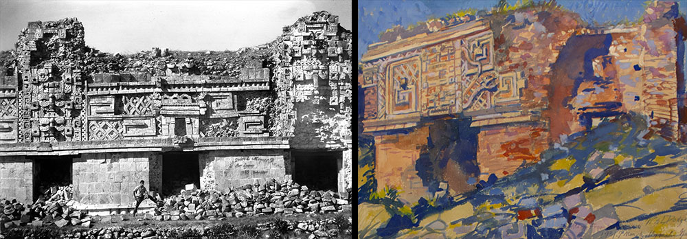 On left, the facade of a stone building with geometric carvings; on right, a watercolor painting of a similar building.