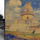 On left, photograph of an overgrown stone building. On right, a watercolor painting of the same building reconstructed.