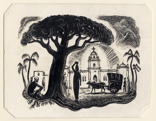 An ink sketch featuring a woman carrying a jar under her head, underneath a shade tree with a church in the foreground.