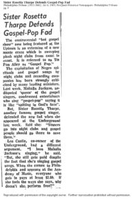 Newspaper clipping "Sister Rosetta Tharpe Defends Gospel-Pop Fad"