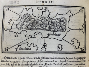 Map of Guadalupe, folio 14 v., Benedetto Bordone, Isolario di Benedetto Bordone nel qual si ragiona di tutte l'isole del mondo, con li lor nomi antichi & moderni, historie, fauole, & modi del loro viuere…