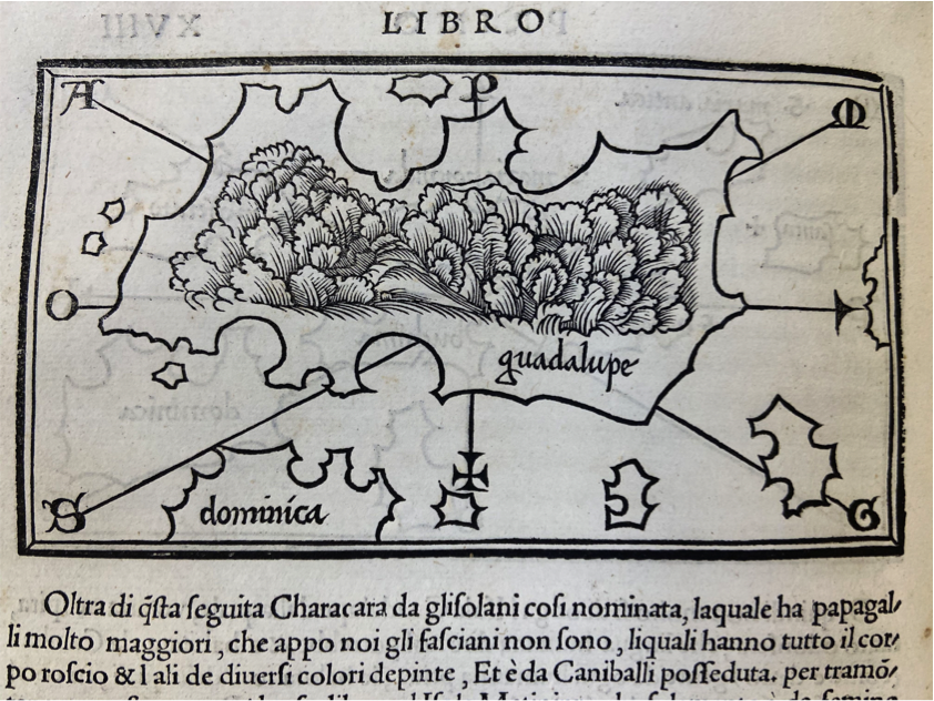 Map of Guadalupe, folio 14 v., Benedetto Bordone, Isolario di Benedetto Bordone nel qual si ragiona di tutte l'isole del mondo, con li lor nomi antichi & moderni, historie, fauole, & modi del loro viuere…