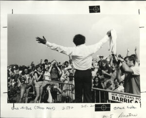 Ernie K-Doe greets an audience at Jazz Fest, 1976, photographer: Mark Sindler, Louisiana Image Collection LaRC-1081, Box 26, Folder 10, Tulane University Special Collections.