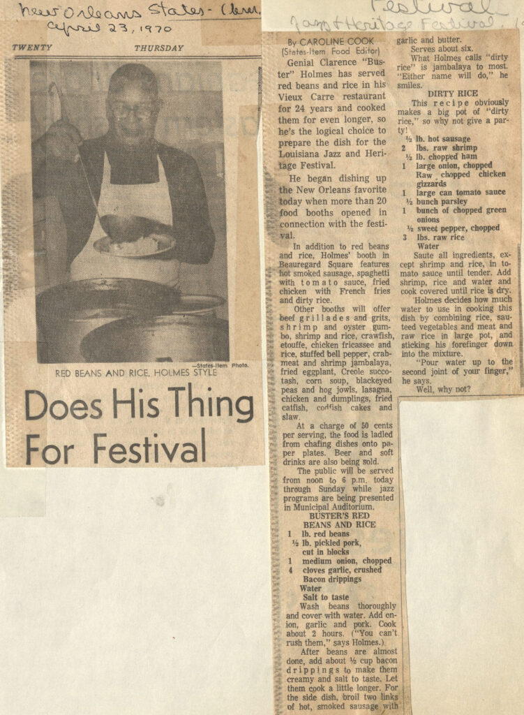 Newspaper clipping of a profile and red beans and rice recipe for restauranteur and Jazz Fest food vendor Clarence “Buster” Holmes, April 23, 1970, 'New Orleans-States Item,' Hogan Archive vertical file, Tulane University Special Collections.