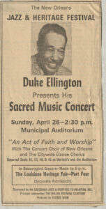 Ad clipping for Duke Ellington’s Sacred Music Concert, presented as an evening show on April 26 during Jazz Fest 1970; April 25, 1970, 'New Orleans-States Item,' Hogan Archive vertical file, Tulane University Special Collections.