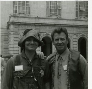 Two men stand at the 1971 Jazz Fest site of Beauregard Square, which has since been renamed Congo Square, photographer unidentified; Allison Miner papers HJA-039, “Photos” box, Tulane University Special Collections.