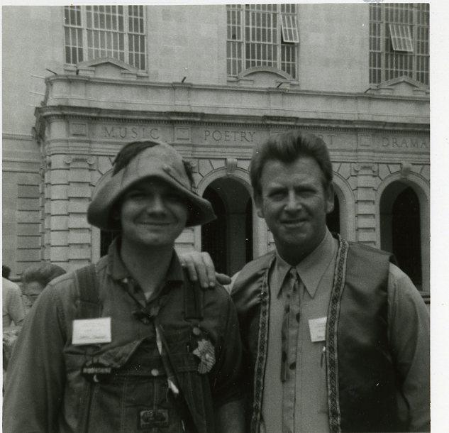 Two men stand at the 1971 Jazz Fest site of Beauregard Square, which has since been renamed Congo Square, photographer unidentified; Allison Miner papers HJA-039, “Photos” box, Tulane University Special Collections.