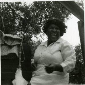 An unidentified woman smiles at the 1971 Jazz Fest, photographer unidentified; Allison Miner papers HJA-039, “Photos” box, Tulane University Special Collections.