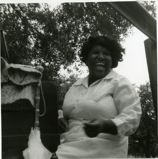 An unidentified woman smiles at the 1971 Jazz Fest, photographer unidentified; Allison Miner papers HJA-039, “Photos” box, Tulane University Special Collections.